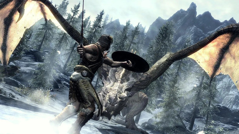 A Dragonborn egy sárkánnyal küzd a The Elder Scrolls 5: Skyrimben