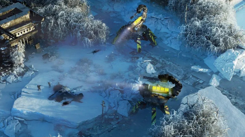 Egy osztag nagy skorpióhoz hasonló robotokkal néz szembe a Wasteland 3-ban