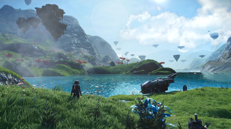 A játékos idegen tájat fedez fel lebegő szigetekkel a No Man's Sky-ban