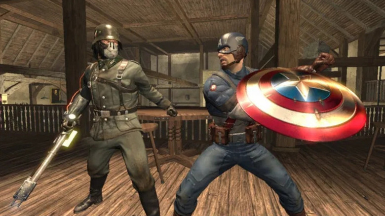 Amerika kapitány meglendíti pajzsát egy lángszórót tartó Hydra katonára az Amerika Kapitány: Szuperkatona című filmben