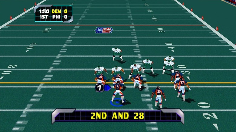 A Denver Broncos arra készül, hogy elhaladjon a Philadelphia Eagles mellett az NFL Blitz 2000-ben
