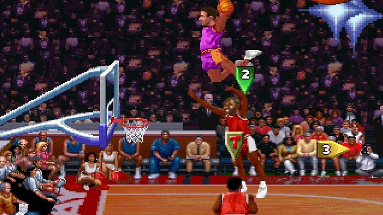 Egy kosárlabdázó egy karika felé közelít, és az NBA Jam: Tournament Edition játékban készül elmerülni