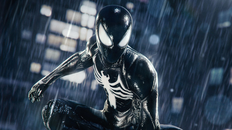 Pókember az esőben ül, miközben szimbióta öltönyt visel a Marvel's Spider-Man 2-ben