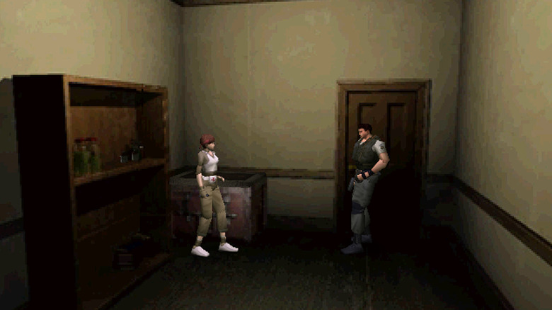 Rebecca Chambers Chris Redfielddel beszél a Resident Evilben (1996)