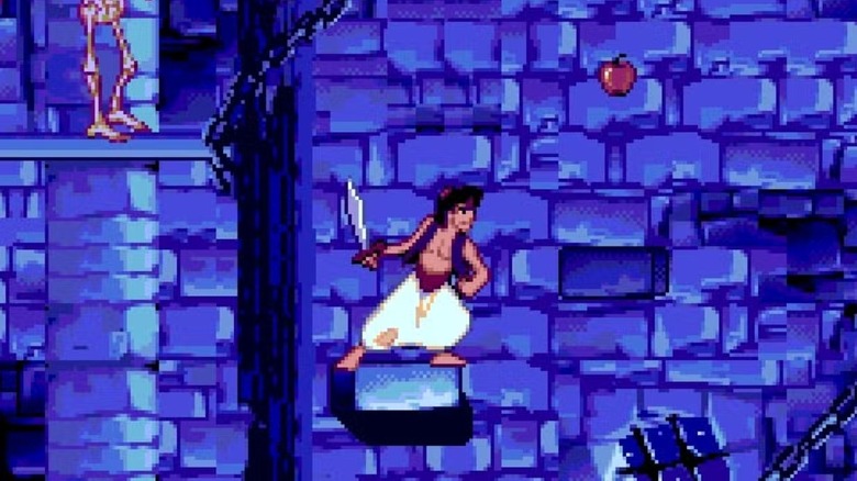 Aladdin egy szablyát tart, miközben egy kis emelvényen áll Aladdinban