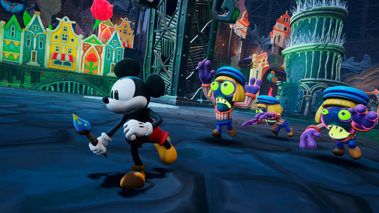 Miki egér megszökik a szörnyek elől, miközben ecsetet tart az Epic Mickey: Rebrushedben