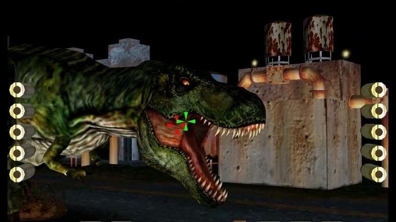 A játékosok felrobbantanak egy üvöltő T-Rexet a The Lost World: Jurassic Parkban