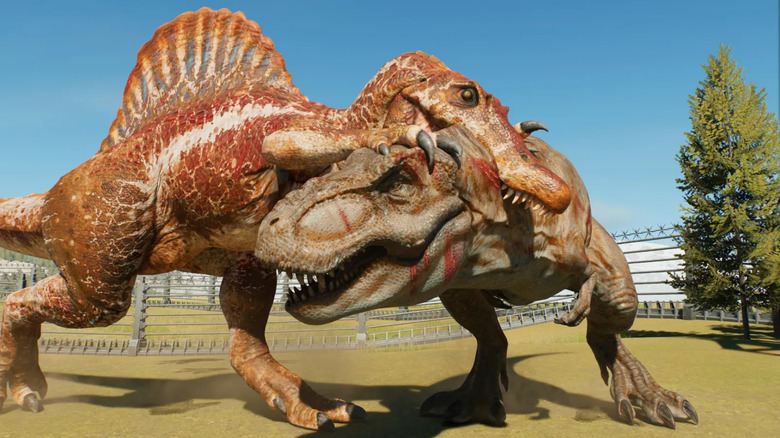 Egy spinoszaurusz megharap egy T-Rexet a Jurassic World Evolution 3-ban