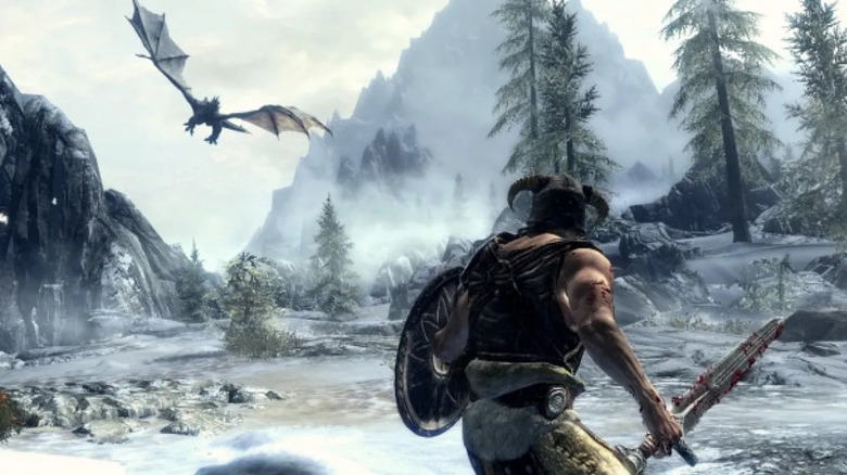 Egy harcos egy lecsapó sárkányra készül a The Elder Scrolls V: Skyrimben