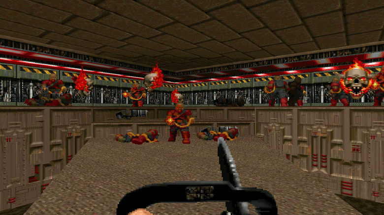 Doomguy egy láncfűrésszel előrenyomul a démonok ellen 