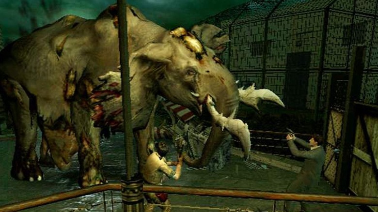 A túlélők egy zombi elefántot céloznak meg a Resident Evil Outbreakben