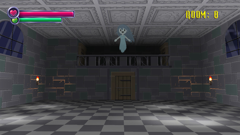 Spooky lebeg egy szoba tetején a Spooky's Jump Scare Mansionban