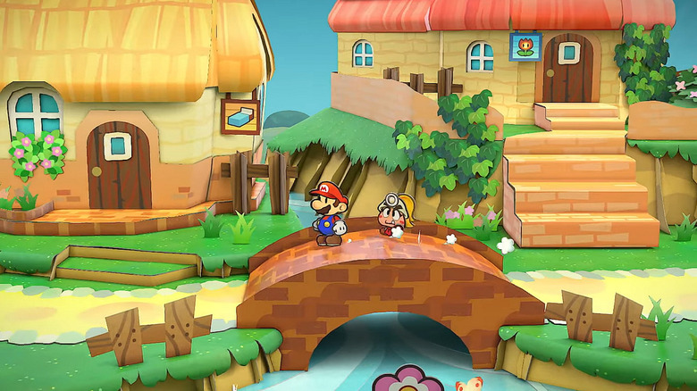 Mario és Goombella átsétálnak egy falusi hídon a Paper Mario: The Thousand-Year Door című filmben