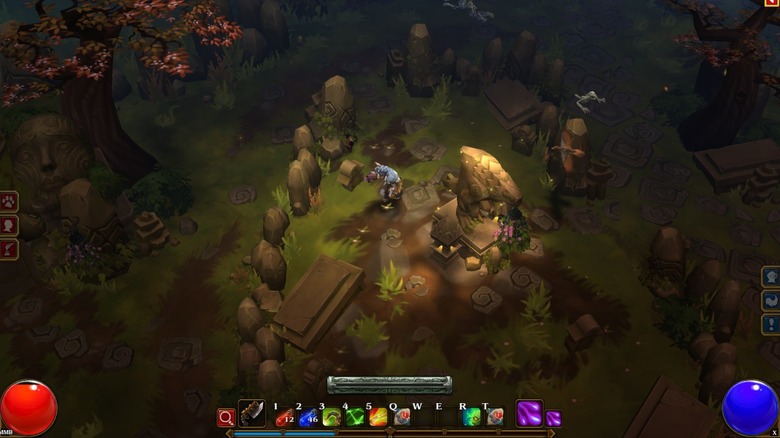 A játékos karakter egy kőszobor körül sétál a Torchlight II-ben