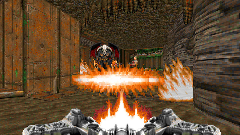 Doomguy lángszeríjat lő ki a Doom II-ben