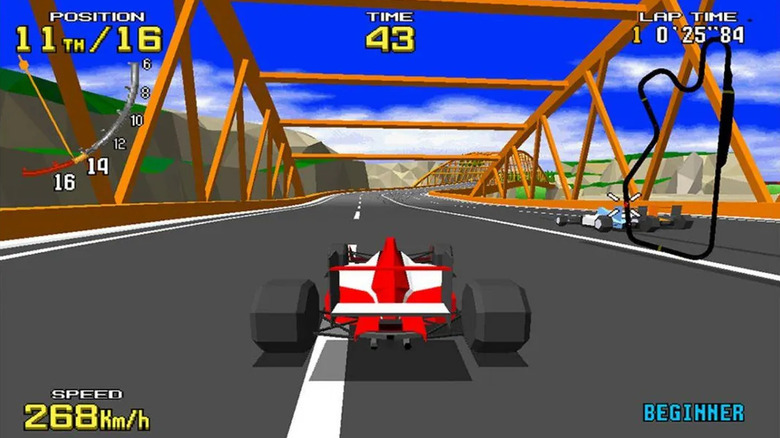 Egy piros versenyautó áthajt egy hídon a Virtua Racingben