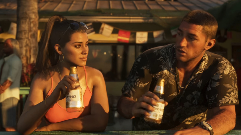Lucia és Jason együtt ülve söröznek a Grand Theft Auto 6 (2026) képernyőképen