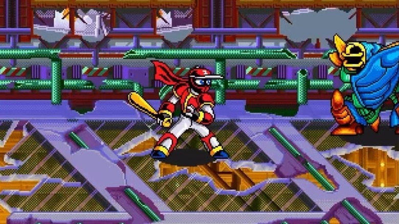 Egy piros baseball nindzsa egy baseball ütőt tart, miközben a játékvezető ellenséggel néz szembe a Ninja Baseball Bat Man játékban