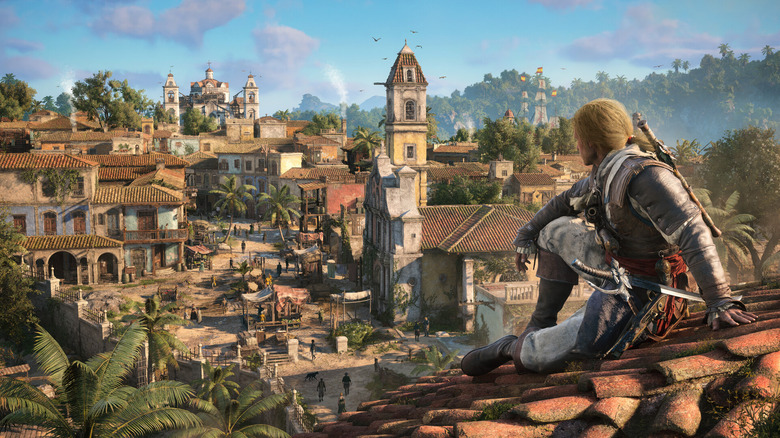 Edward Kenway egy karibi várost vizsgál meg a tetőről az Assassin's Creed Black Flag Resynced játékban