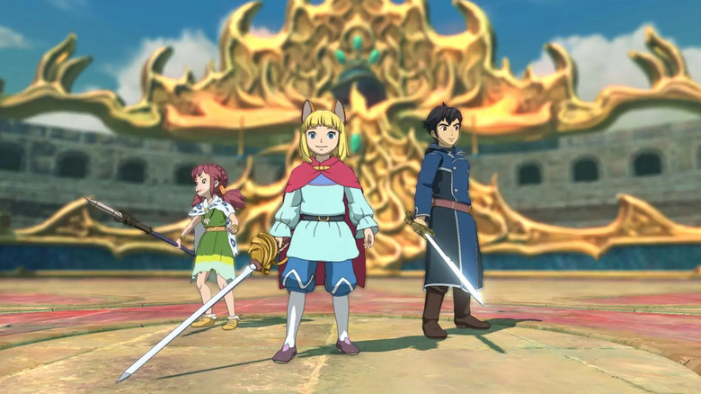 Evan és barátai kirántják kardjukat a Ni no Kuni II: Revenant Kingdom című filmben