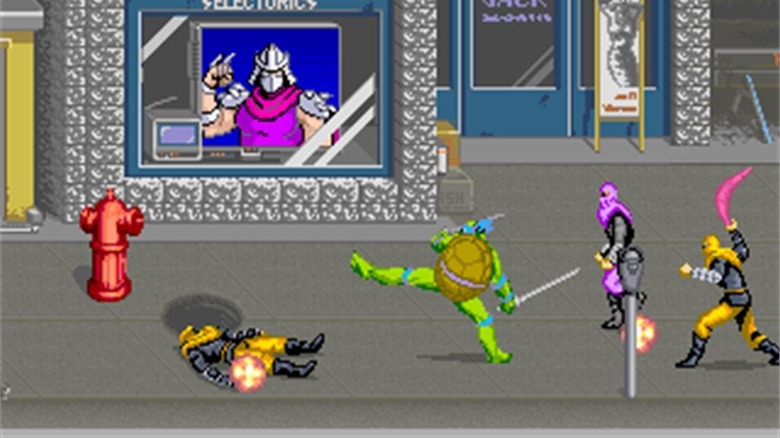 Leonardo gyalogos katonákkal küzd Manhattan utcáin a Teenage Mutant Ninja Turtles játékban