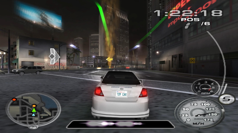 Egy autó átszáguld egy városon éjjel a Midnight Club 3: Dub Edition (2005) című filmben
