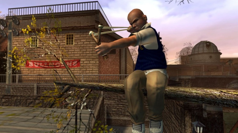 Jimmy egy ágon ülve csúzlit céloz a Bullyban (2006)