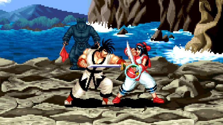 Haohmaru párbajozik Nakoruruval egy sziklán a Samurai Shodown című filmben (1993)