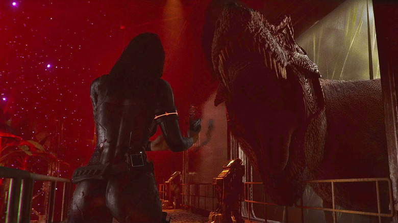 Violet egy T-rexszel néz szembe a sötétben a Code Violetben