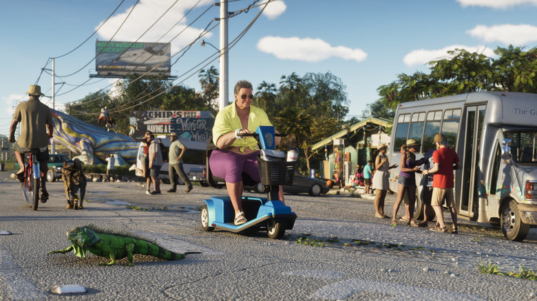 Egy személy robogón ül, miközben egy gyík keresztezi az utat Vice City Leonida Keys területén a Grand Theft Auto 6-ban