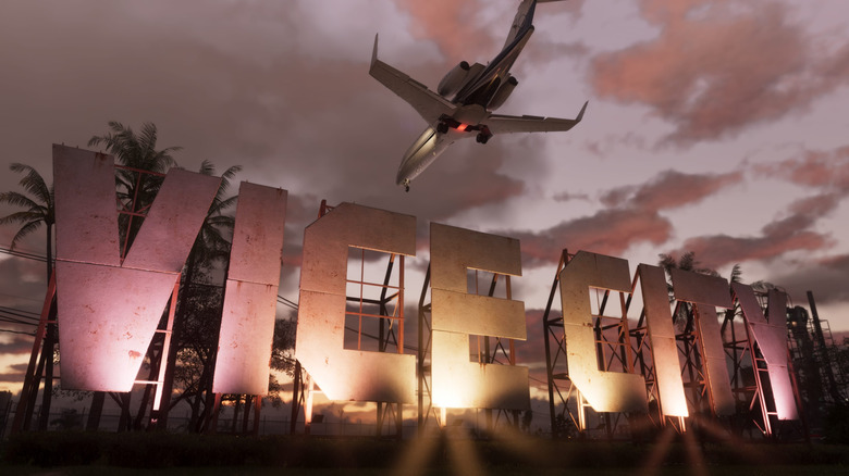 Egy repülőgép a Vice City tábla felett repül a Grand Theft Auto VI-ban
