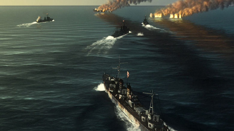 A csatahajók az égő roncsok felé haladnak az óceánon a Silent Hunter 4: Wolves of the Pacific játékban