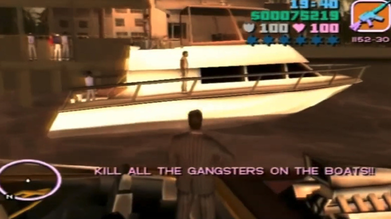 Tommy Vercetti egy hajón áll, és egy haiti gengszterekkel teli dokkolót néz a Grand Theft Auto Vice Cityben