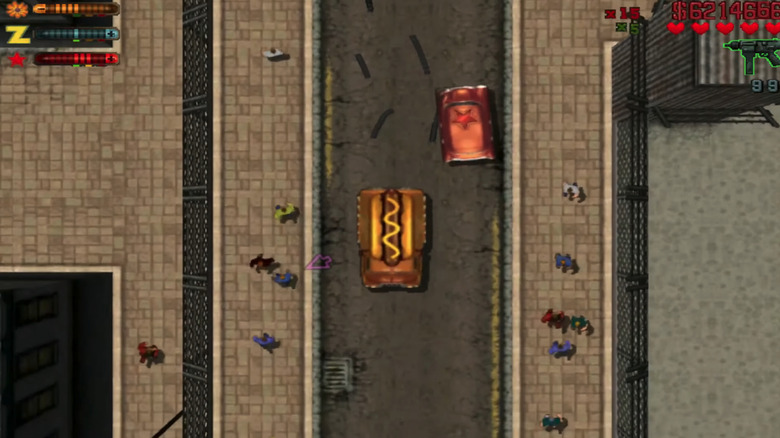 Egy hotdog autó felülről látható, amint áthajt egy városi utcán a Grand Theft Auto 2-ben