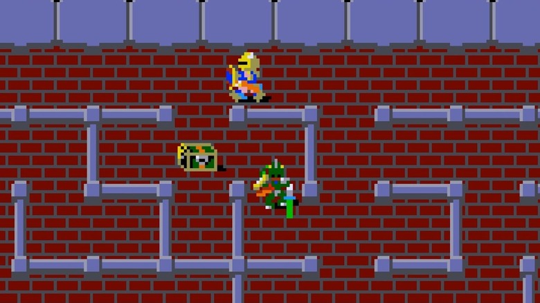 Gilgames egy kincsesláda és egy zöld lovag fölött sétál a Druaga tornyában