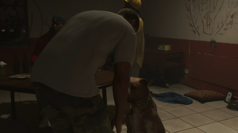 Jason kutyát simogatni készül a Grand Theft Auto VI-ban