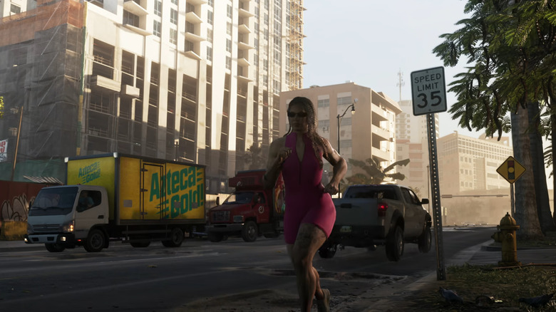 Egy nő fut egy Azteca Gold teherautóval a háttérben a Grand Theft Auto VI-ban