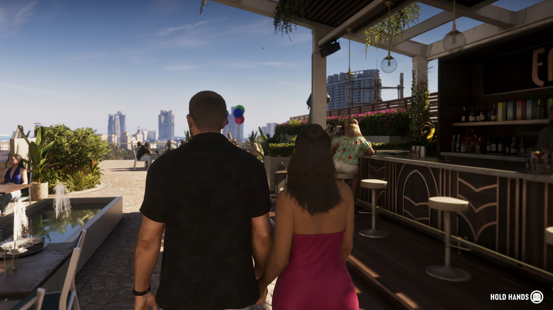 Jason és Lucia egy szabadtéri bárban sétálnak át a GTA 6-ban