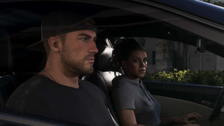 Jason és Lucia együtt ülnek egy autóban a GTA 6-ban