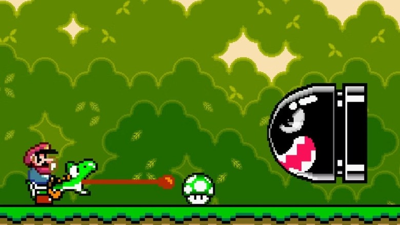 Yoshi egy zöld gombáért nyúl, Mario pedig meglovagolja, miközben egy Bullet Bill közeledik a Super Mario Worldben