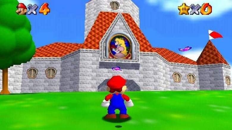 Mario Peach hercegnő kastélyával néz szembe a Super Mario 64-ben
