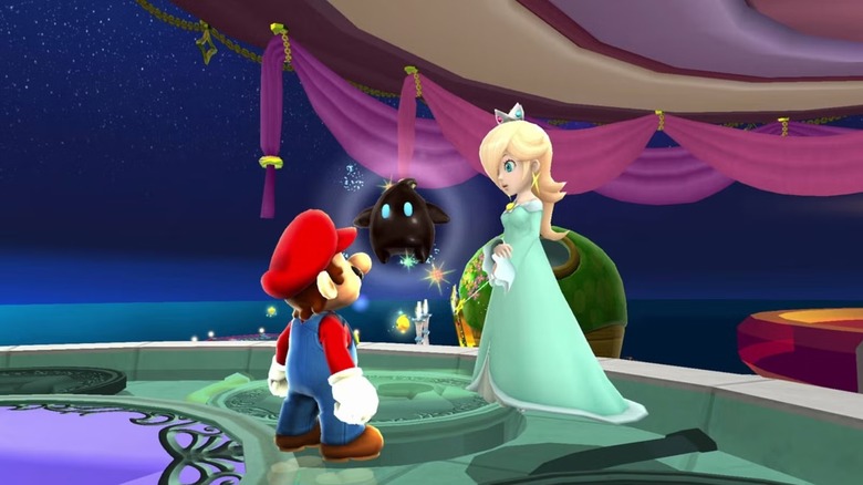 Mario Rosalinával és egy Lumával beszél a Super Mario Galaxy-ban