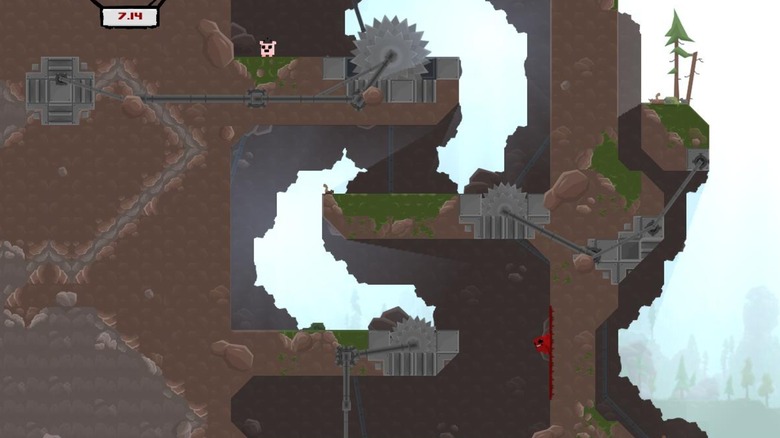 Meat Boy felugrott Bandage Girl felé a Super Meat Boy játékban