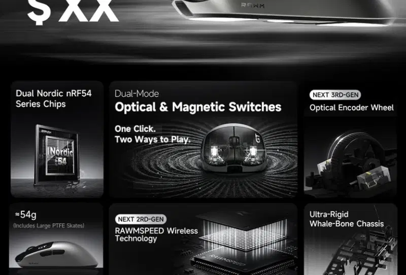 RAWM Leviathan V4 GT wireless gaming mouse shown in black and white colour scheme