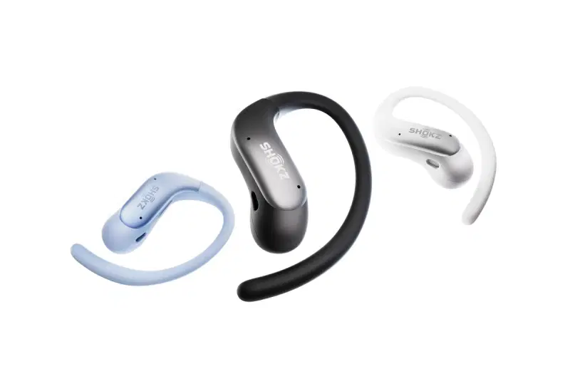 Shokz OpenFit Air 2 open-ear earbuds shown with charging case and titanium ear hook