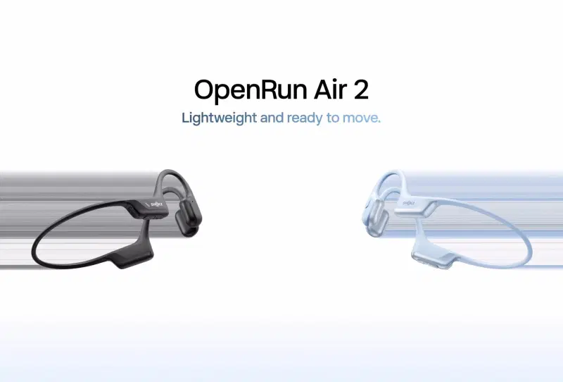 Shokz OpenRun Air 2 bone-conduction headset shown in black with USB-C charging point
