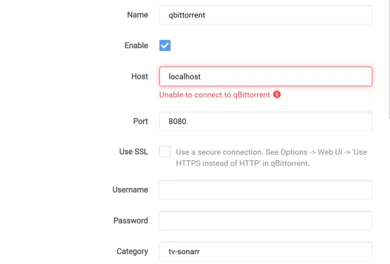Sonarr download client settings screen showing qBittorrent connection details
