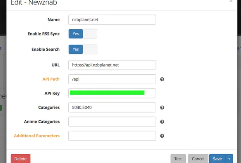 Sonarr indexer settings screen showing fields for adding a new source