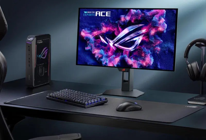 ASUS ROG Gamescom 2026 display showing new OLED gaming monitors and mice