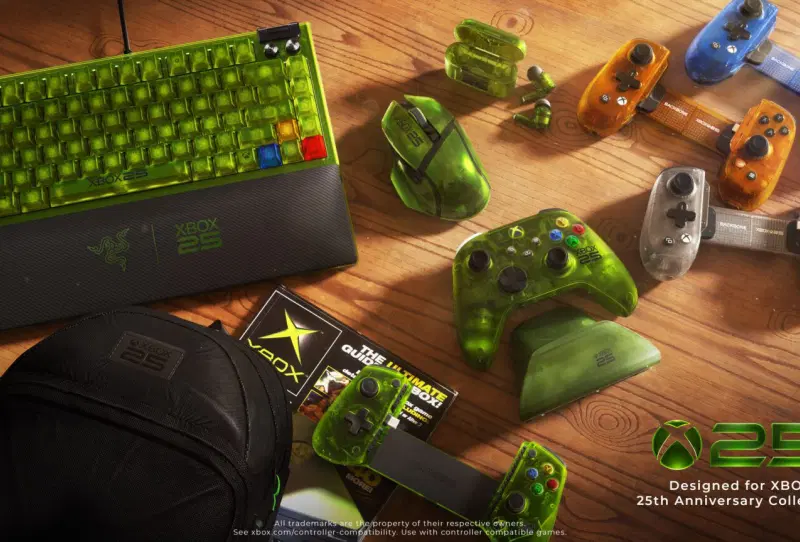 Translucent green Razer mouse, keyboard and earbuds from the Xbox 25th Anniversary Collection
